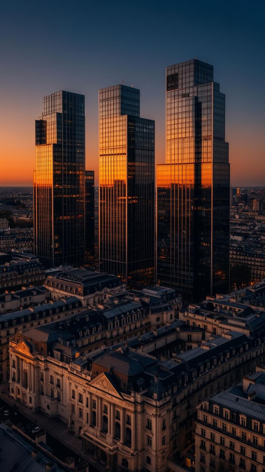 European financial district at golden hour — modern towers above classical architecture