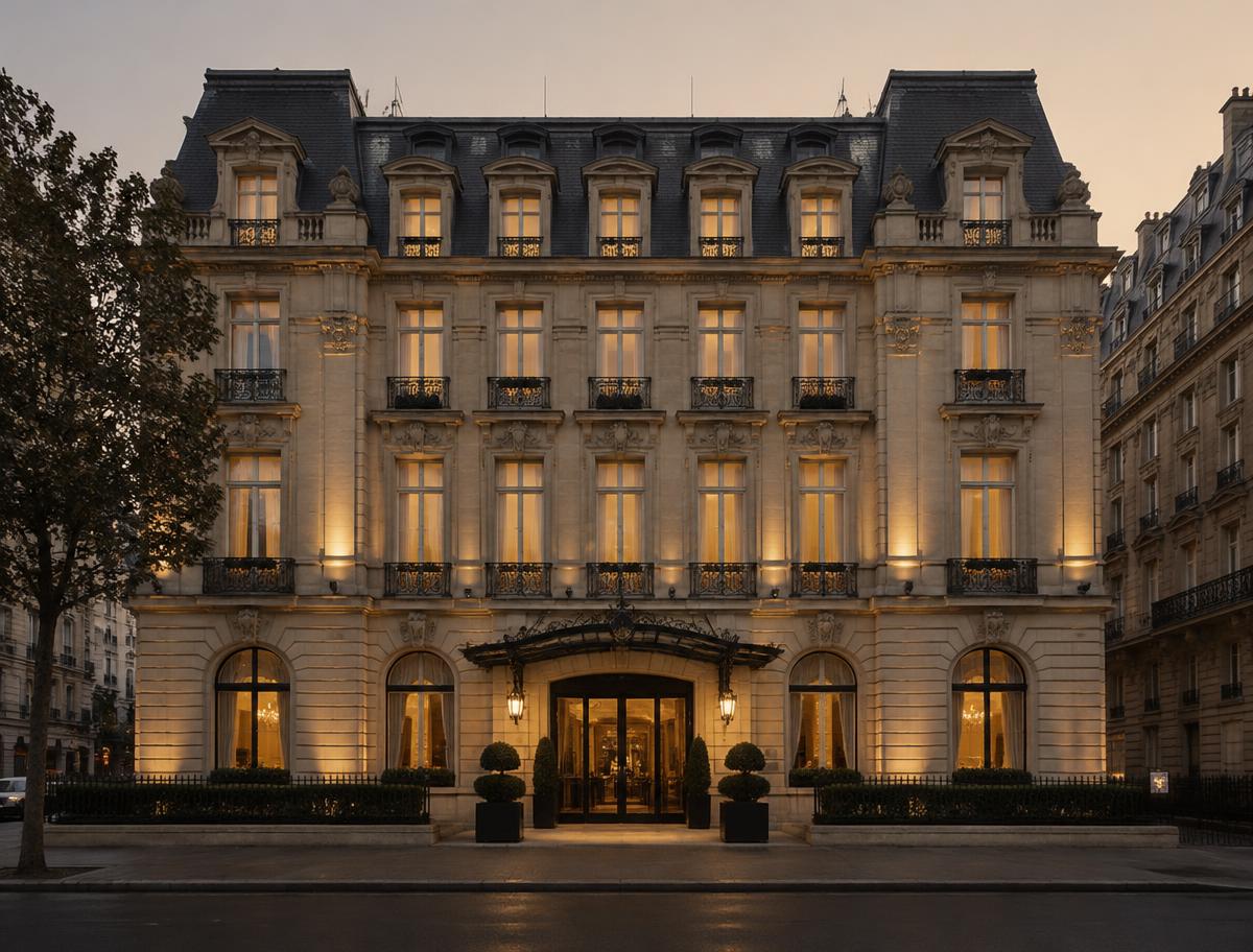 Grand European luxury hotel facade at dusk
